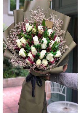 19 ADET BEYAZ GÜL BUKETİ WHİTE ROSE BOUQUET